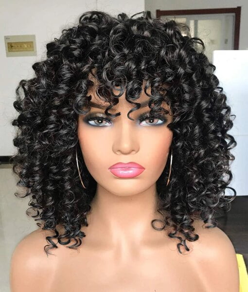 Natural Black Afro Short Curly Wig With Bangs 12 Front And MI1610675