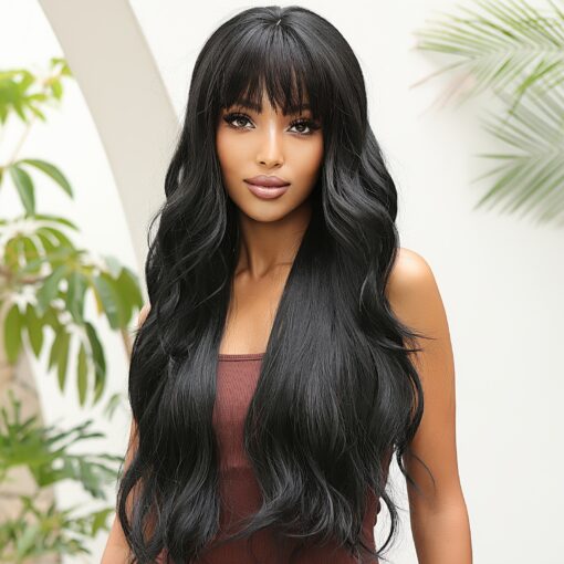 Natural Looking Long Black Wig With Bangs And Wavy Curly Synthetic Hair Heat Resistant Fiber For Women Daily And Party Use 28 Inches MI1604137