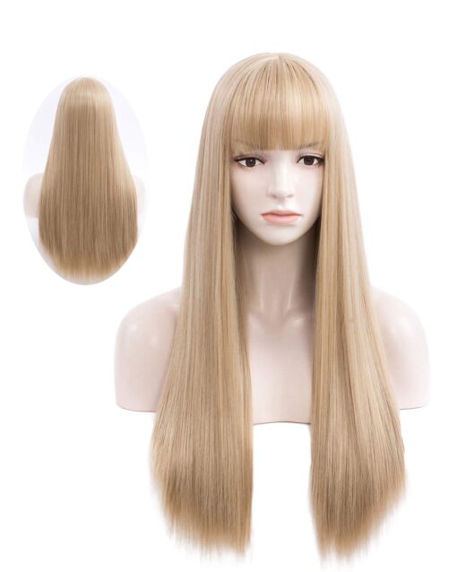 Netgo Blonde Wig With Bangs, Long Straight Ash Blonde Wig MI1604797