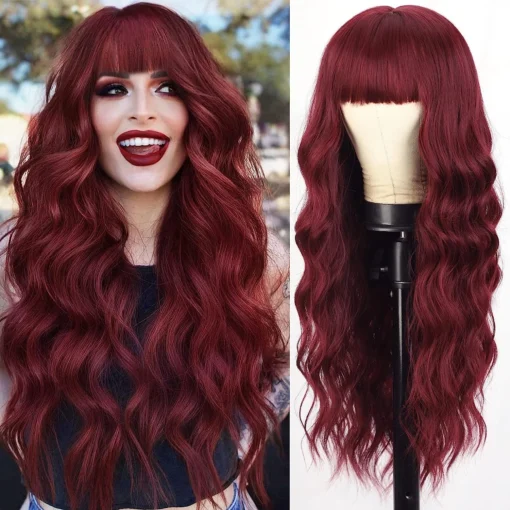 New Look Wine Red Wig With Bangs, Long Black Wavy Wigs For Women MI1604142