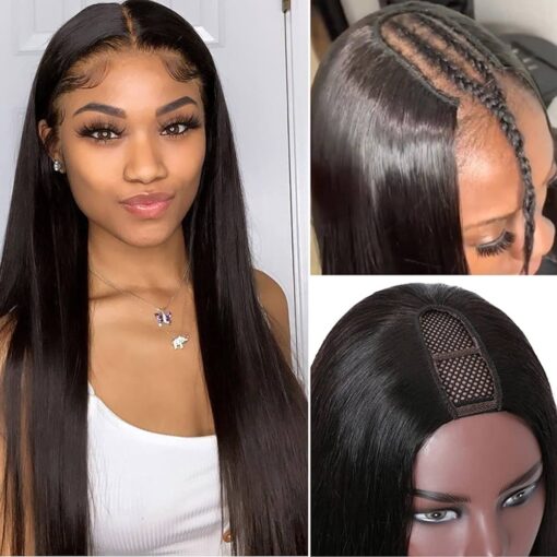 No Lace Front U Part Human Hair Wigs For Women Black Women 24 Inches Straight 2"X4" U Shape Middle Part Clip In Hair Extensions Glueless 150% Density 9A MI1604228