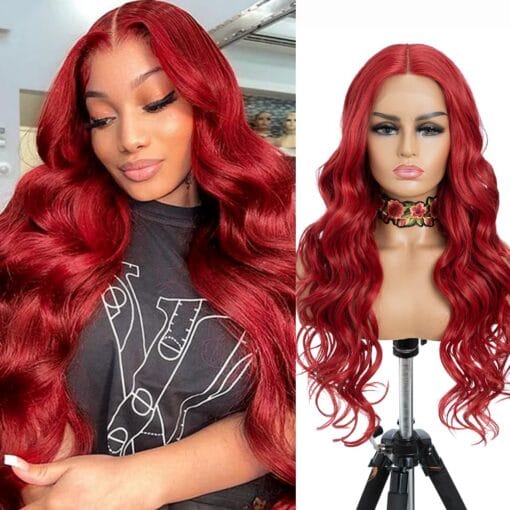 Noble Red Lace Front Wigs 29 Inches Body Wave Wig Middle Part Curly Wig Heat Resistant Fiber Synthetic Wigs. MI1611351