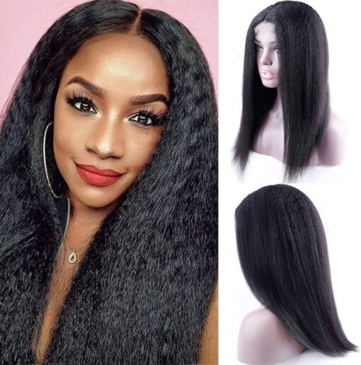 Odir Wear And Go Glueless Wigs Kinky Straight Human Hair Pre Plucked Pre Cut 4X4 Lace Closure Wigs 20 Inch 180% Density Brazilian Yaki Straight Hair MI1603121