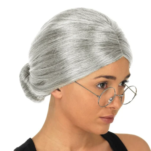 Old Lady Grandma Granny Grey Wig Bun Hair Grand Mother Fancy Dress Costume MI1611079