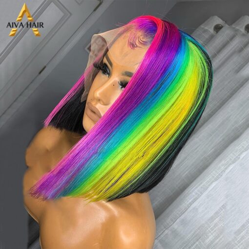 Omber Rainbow Color Synthetic Bob Short 13X4 Lace Front Wig Highlight Transparent Drag Queen Pixie Cut Wigs For Women Black Women MI1610234