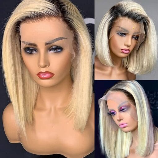 Ombre Blonde Human Hair Bob Lace Front Wigs Brazilian Hd Transparent Glueless Lace Frontal Wig 2 Tone 1B/613 Straight Remy Hair For Women Black Women Pre MI1611172