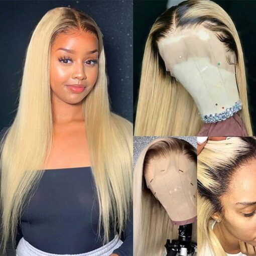 Ombre Blonde Lace Front Wig With Dark Root 13X4 Deep Parting Swiss Lace Brazilian Human Hair Wigs For Women Women 150% Density Remy Hair Pre Plucked Silky MI1610273