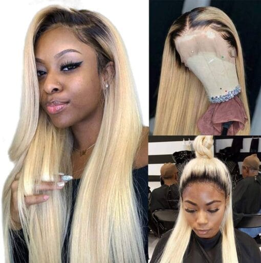 Ombre Blonde Wig Long 24" Full 150% Density Hd Lace Front Wigs Pre Plucked Virgin Human Hair Colored 613 Half Hand Made Lace Frontal Wigs With Natural MI1611531