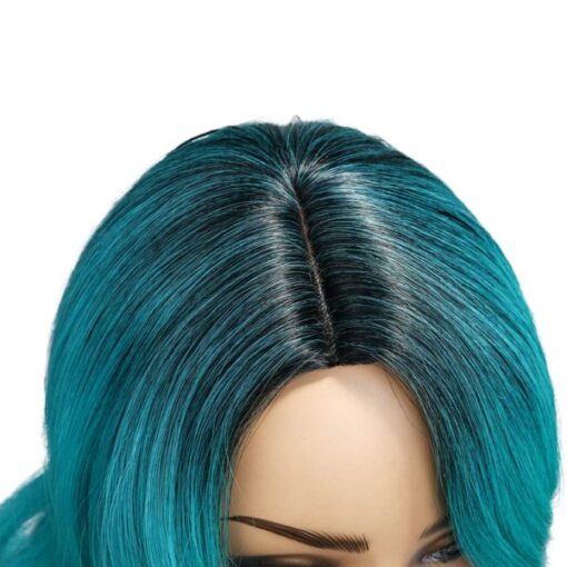 Ombre Bluish Green Wig Long Wavy Side Part Wig Heat MI1610545