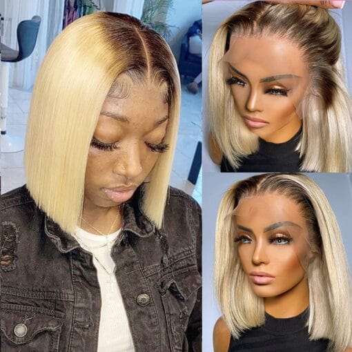 Ombre Bob Lace Front Wigs Long 14" Pre Plucked Brazilian Glueless T Part 13X1 Human Hair Wig 2 Tones Blonde 613 Straight Lace Wig For Women Black Women MI1611180