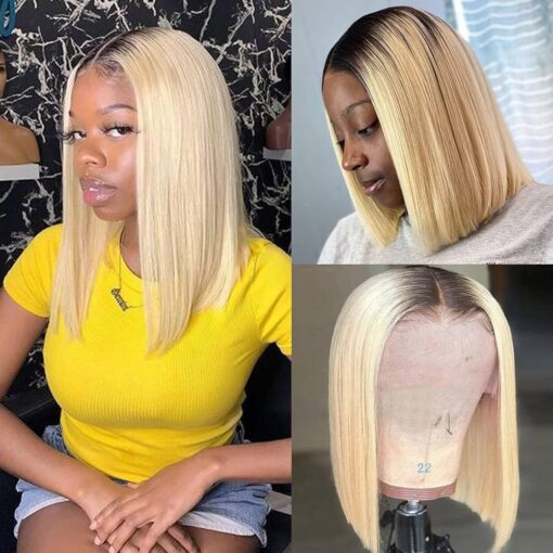 Ombre Bob Wigs Human Hair 1B/613 Short Blonde Lace Front Wigs Pre Plucked With Baby Hair 12 Inch Silky Straight Blonde Bob T Part Lace Wig Ombre Color MI1610424