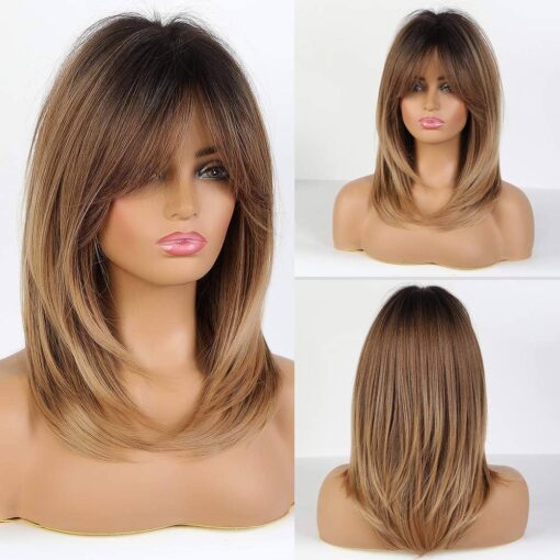 Ombre Brown Wigs For Women Women,Shoulder Length Layered Wigs With Bangs Heat Resistant Synthetic Fibre Wigs MI1610739