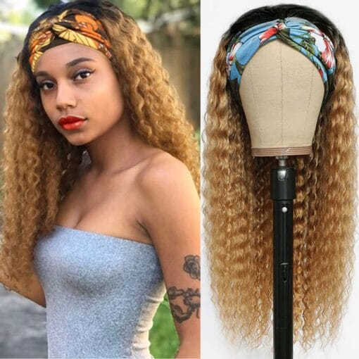 Ombre Curly Headband Wigs Human Hair, Deep Wave 1B27 Honey Blonde Human Hair Headband Wig With Dark Roots Glueless Colored Real Remy Hair Half Wigs MI1611967