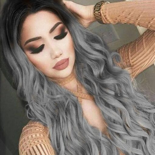 Ombre Gray Synthetic Lace Front Wigs For Women Black Women Natural Curly 2 Tone Silver Gray Long Glueless Wig Soft Hair Lace Wig 150% Density Ash Gray MI1611119