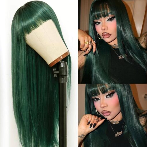 Ombre Green Wig With Bangs Long Straight Wigs With Bangs 2 Tone Dark Roots Mixed Color Green Wigs Cosplay Heat Resistant Wig For Women Women Synthetic 24 MI1610777