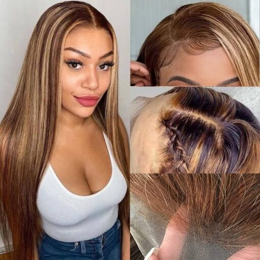 Ombre Highlight Lace Front Wig Human Hair 13X4 Glueless Transparent Hd Lace Frontal Wigs Pre Plucked With Baby Hair Straight Brazilian Blonde 4/27 MI1602033