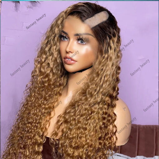 Ombre Honey Blonde Bouncy Curly V Part Wigs Two Tone Human MI1610564