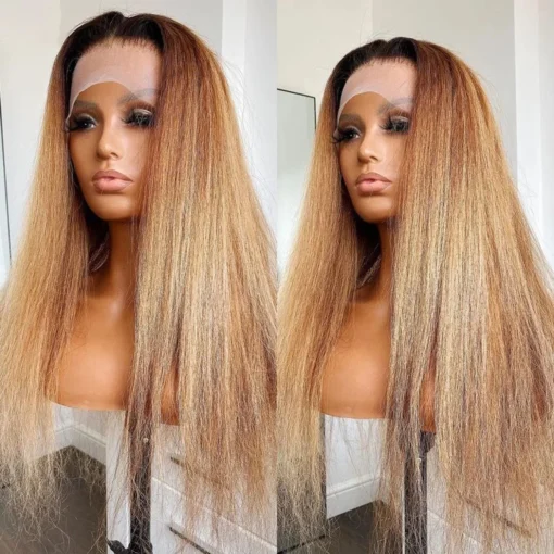 Ombre Honey Blonde Yaki Kinky Straight Human Hair Hd Lace Frontal Wig MI1610907