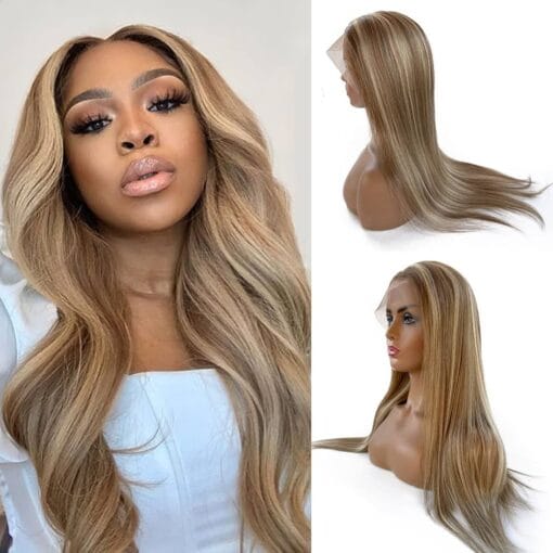 Ombre Human Hair Lace Front Wig, Highlights Lace Human Hair Wig Pre Plucked T Part Ash Brown To Ash Blonde With Blonde Highlights Human Hair Wigs For Women MI1611590