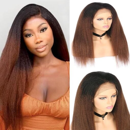 Ombre Kinky Straight Human Hair Wig Brown Color 13X4 Yaki Straight Human Hair Wig For Women Black Women 150% Density Glueless Yaki Straight Virgin Brazilian MI1604278