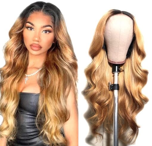 Ombre Lace Closure Wig 1B27 Honey Blonde Wig Body Wave Ombre Human Hair Wig 4X4 Closure Wig Pre Plucked Bleached Knots With Baby Hair 14 Inch MI1611668