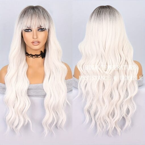 Ombre Platinum Blonde Curly Wavy Wig Bangs Women Synthetic MI1611444