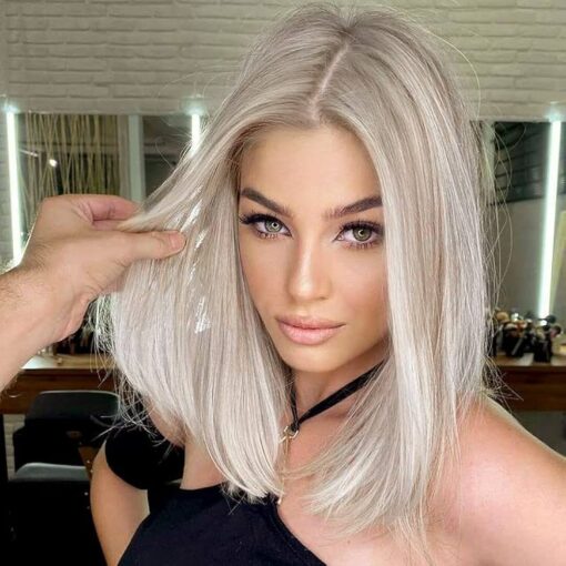 Ombre White Blonde Bob Wigs, Synthetic Hair Short Blonde Lace Front Wig With Highlight, Short Bob Wigs For Women Women, 12 Inch Vedar 096 MI1610410