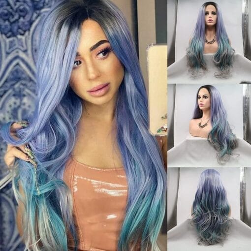 Ombre Wig Body Wave Dark Roots To Purple Blue Gray Colorful Wig Heat Resistant Synthetic Lace Front Wigs For Women Women Pastel Lavender Mermaid Wigs MI1611450