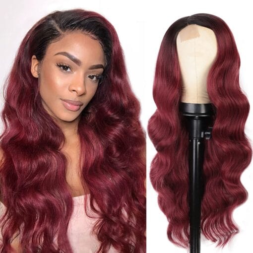 Ombre Wine Red Wig Long Wavy Burgundy Wig Long Body Wave MI1611337