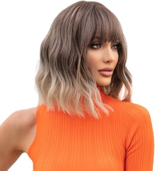 Oneustar Ash Blonde Wig With Bangs Short Ombre Blonde Bob Wigs For Women Women Synthetic Wavy Wig Brown Mixed Blonde Hair Wig Natural Looking 14 Inches MI1611903