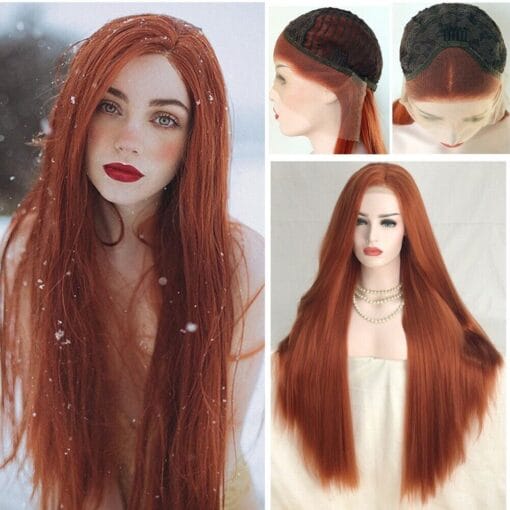 Orange Long Lace Front Synthetic Handtied Hair Natural Straight Copper Red Wig MI1611157