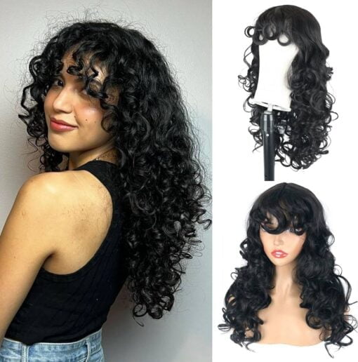 Oseti Long Curly Wig With Bangs Black Kinky Curly Layered Fluffy Shag Wig Synthetic Hair Wigs For Women Black Women Party Cosplay Use 24Inch Long Curly MI1605911