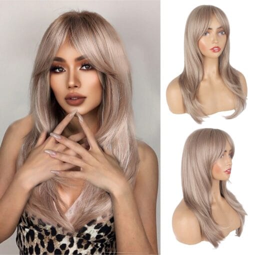 Oseti Long Silver Blonde Wig Synthetic Wigs With Curtain Bangs For Women White Women Sensational Hair Replacement Wigs, Long Layered Blonde Hair Wig MI1611616