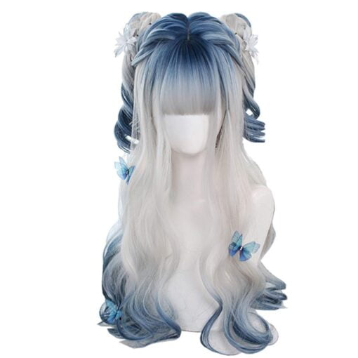 Osseoca Irregular Coloring Body Wave Synthetic Long Hair Wig Blue Gradient White Gradient Blue Lolita Beauty Japanese Girl Cosplay Wig MI1610300