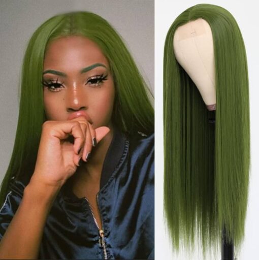 Oxeely Long Straight Wigs Olive Green Color Synthetic No Lace Front Wigs Glueless Heat Resistant Synthetic Fiber Hair Wigs For Women Fashion Women MI1604258