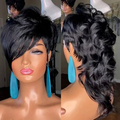 Pangdonglai 80S90S Mullet Wig Human Hair Wigs10A Pixie Cut Wig For Women Black Women Mullet 12Inch Pixie Cut Wig For Women Women Pixie Curly Hair Wigs Glueless MI1605021