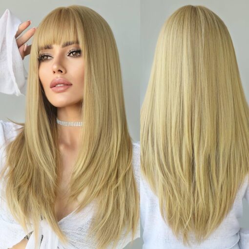 Park Yun Long Blonde Straight Wigs For Women Women 24 Inch Glueless Realistic Blond Synthetic Wig With Bangs, Heat Resistant Natural Layered Wig For Women Girls MI1603872