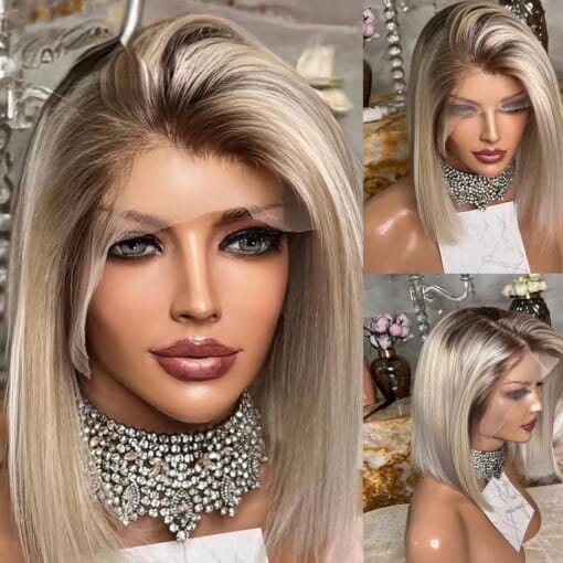 Peruvian Hair Ash Blonde Bob Lace Front Wigs For Women Women 180 MI1612030