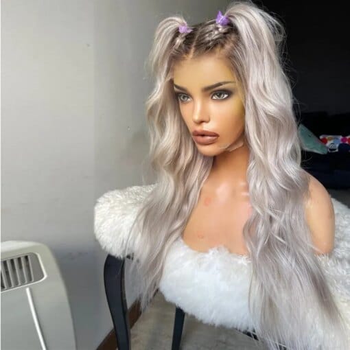 Peruvian White Silver Blonde Full Lace Front Wigs Dark Brown Roots Glueless Ombre Simulation Human Hair Wigs 200% Loose Wave Lace Front Wig Hd MI1611623