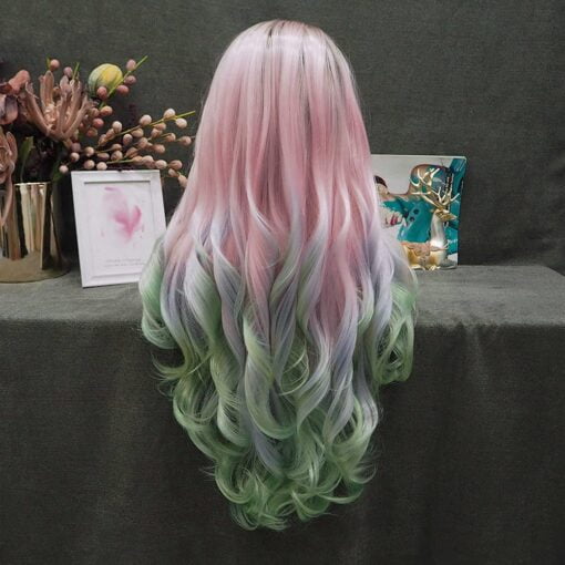 Pink Blue Green Wig Synthetic Lace Front Wig Heat Resistant Fiber Wavy Hair Dark Root Wigs MI1610547