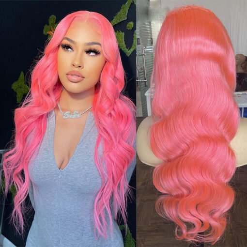 Pink Colored Human Hair Wigs For Women Women Body Wave Lace Front MI1602702