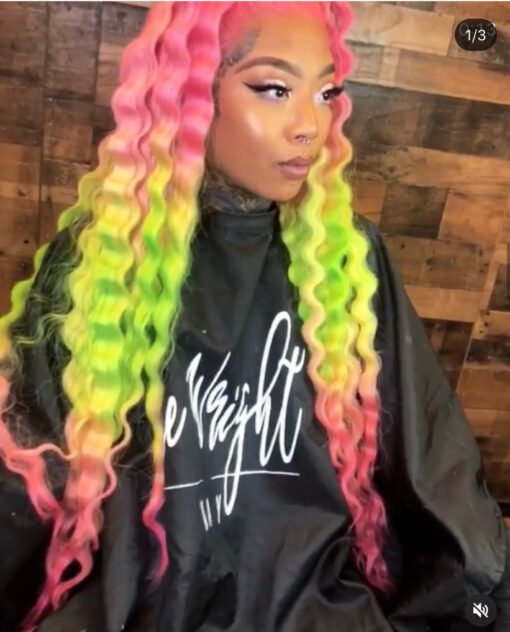 Pink, Lime Green, Pink Wig In Deep Wave MI1610549