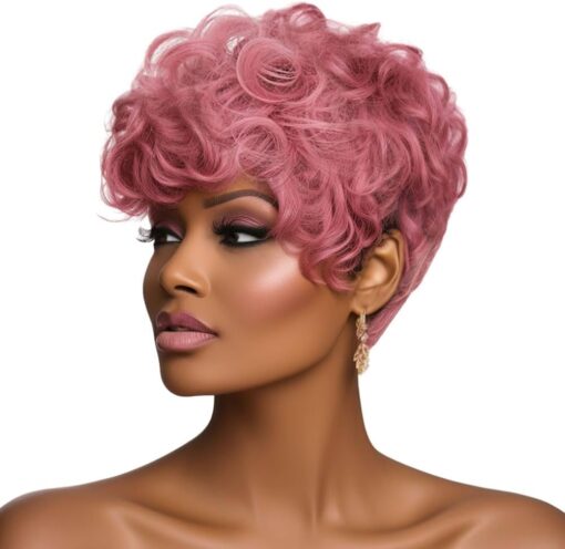 Pink Pixie Cut Wig Short Curly Wigs For Women Black Women Pink Short Pixie Cut Wig Cute Short Pixie Wigs For Women Black Women Synthetic Pink Hair Wigs Natural MI1604987