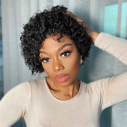 Pixie Cut Short Curly Human Hair Wigs Natural Black Lace MI1610686