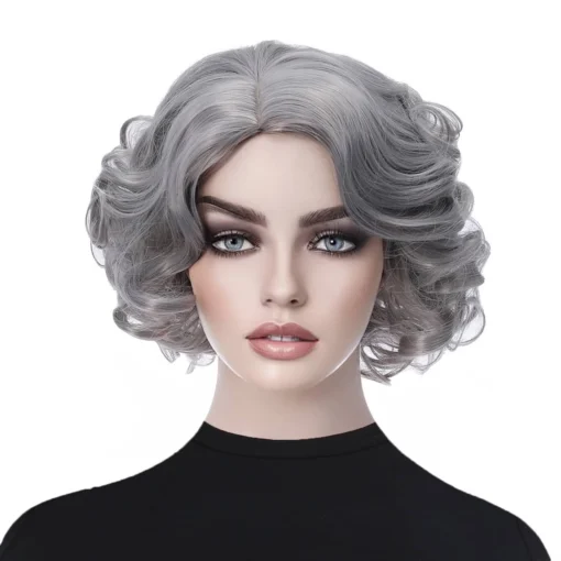 Pixie Cut Wig Silver Gray Short Curly Wavy Synthetic Wig For Women MI1610499