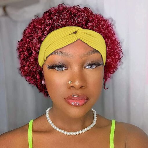 Pixie Cut Wine Red Headband Wigs For Women Women Short Curly Headband Wig Human Hair Wigs With Headband Water Deep Wave Attached Half Wigs With Headband MI1606392