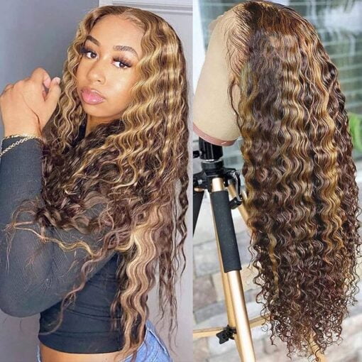 Pizazz 13X4 Transparent Honey Blonde Deep Wave Human Hair Wigs For Women Black Women 180 Density Ombre Highlight Hd Lace Frontal Wigs Human Hair Pre Plucked MI1610370