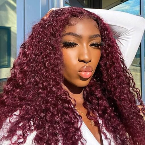 Pizazz 99J Burgundy Deep Wave Lace Front Wigs Human Hair Pre Plucked 13X4 Hd Transparent Lace Frontal Wigs With Baby Hair 180 Density Human Hair Wigs MI1603526