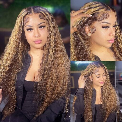 Pizazz Transparent Honey Blonde Deep Wave Human Hair Wigs For Women Black Women 180 Density 4/27 Ombre Highlight 13X4 Hd Lace Front Wigs Human Hair Pre MI1603697