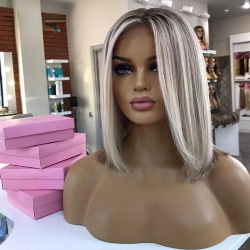 Platinum Blonde 180% White Balayage Hair Topper Bob Wig For Women MI1605317